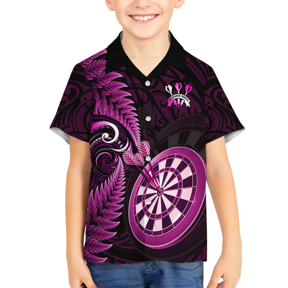 Personalised New Zealand Darts Family Matching Short Sleeve Bodycon Dress and Hawaiian Shirt Happiness Is A Tight Threesome Maori Pink LT14 Son's Shirt Pink - Polynesian Pride