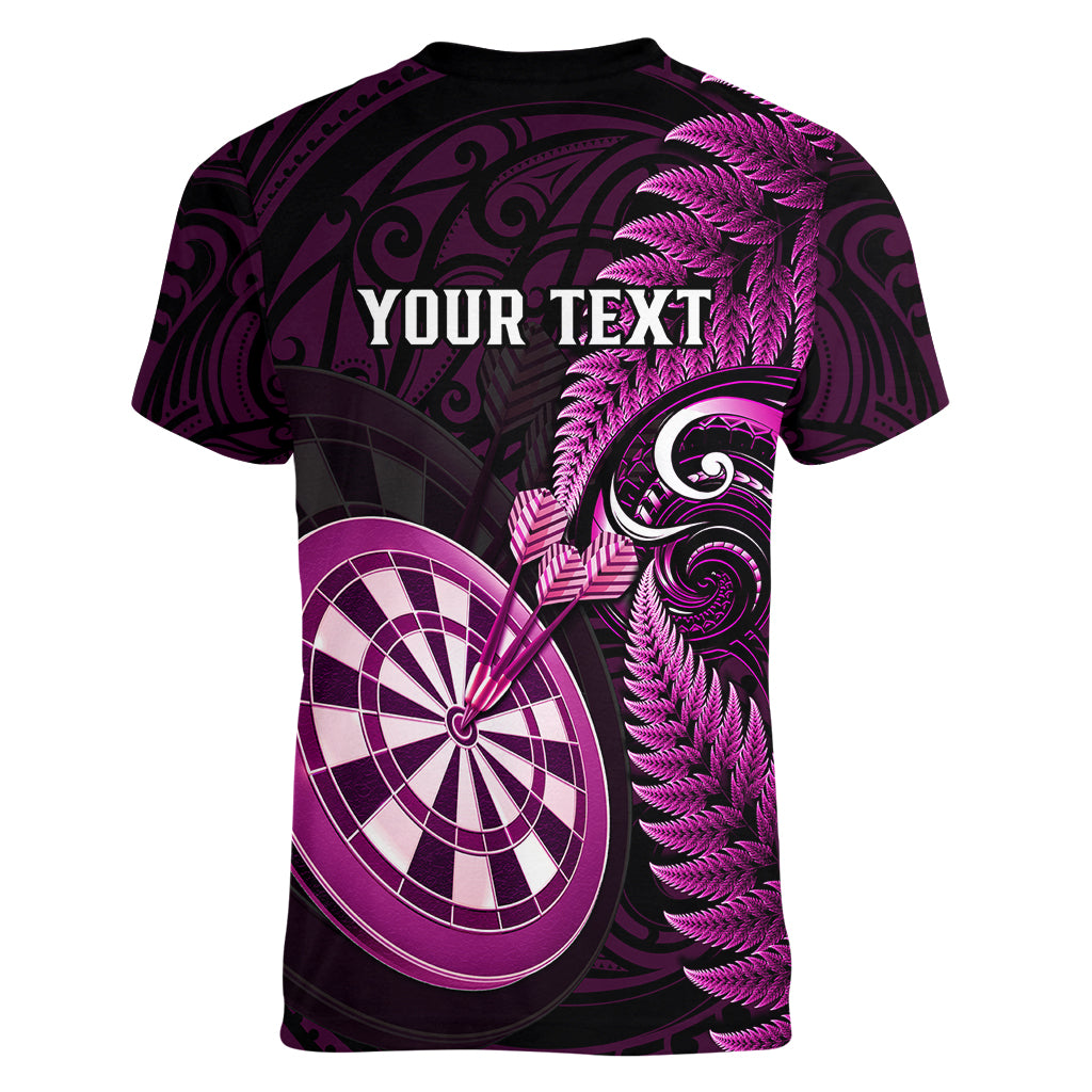 Personalised New Zealand Darts Women V Neck T Shirt Happiness Is A Tight Threesome Maori Pink LT14 - Polynesian Pride