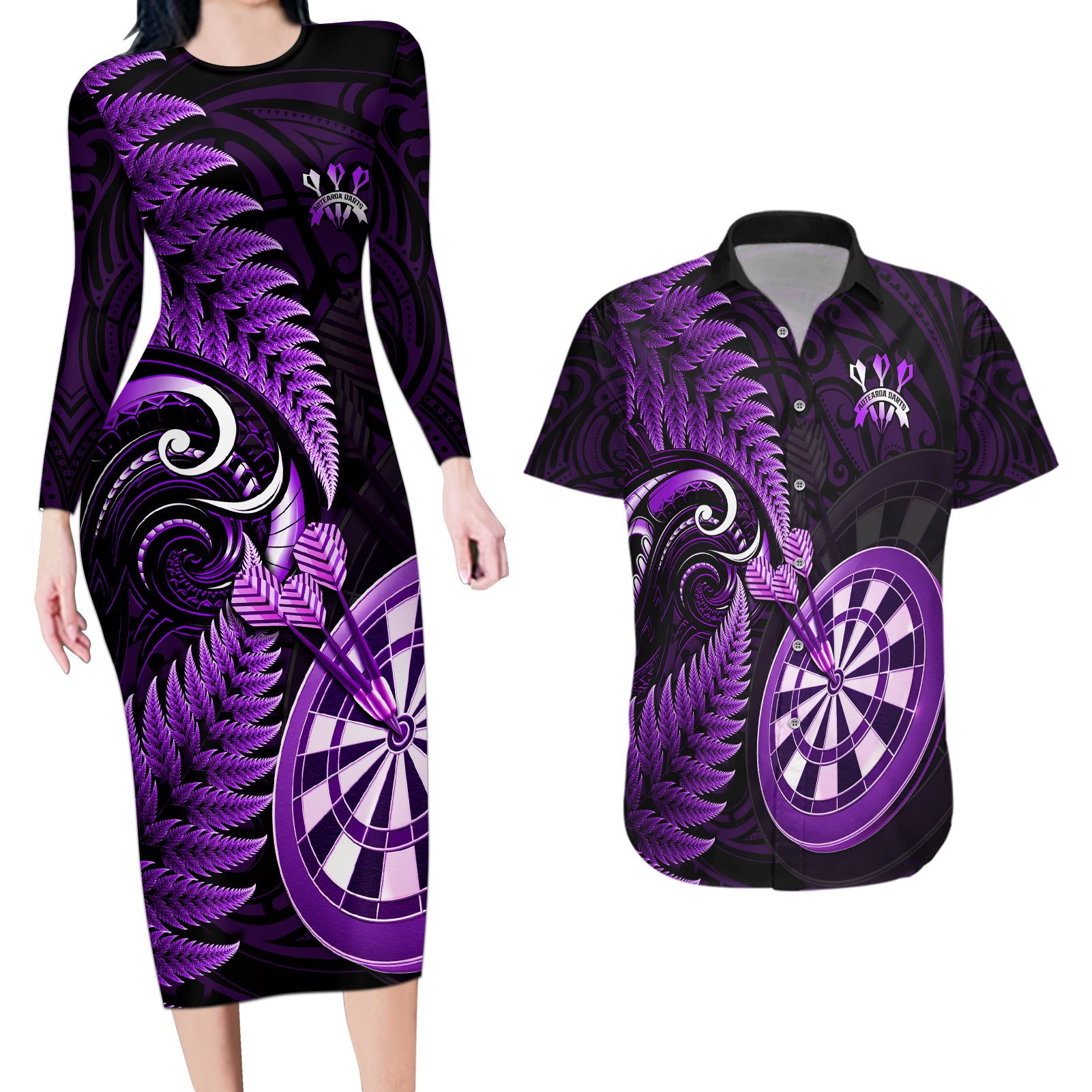 New Zealand Darts Couples Matching Long Sleeve Bodycon Dress and Hawaiian Shirt Happiness Is A Tight Threesome Maori Purple LT14 Purple - Polynesian Pride