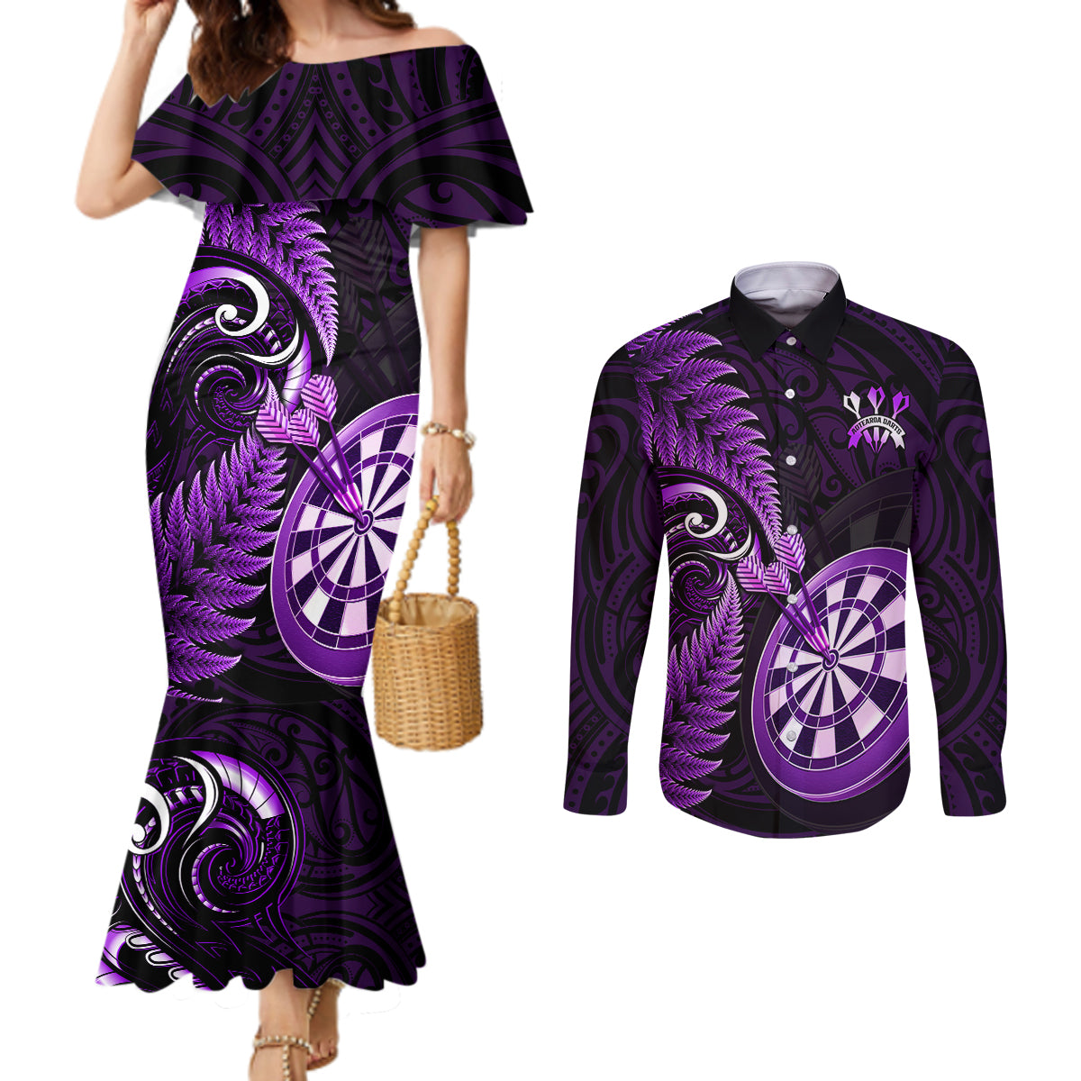 New Zealand Darts Couples Matching Mermaid Dress and Long Sleeve Button Shirts Happiness Is A Tight Threesome Maori Purple LT14 Purple - Polynesian Pride