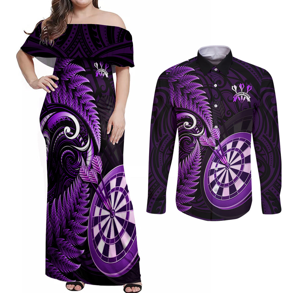 New Zealand Darts Couples Matching Off Shoulder Maxi Dress and Long Sleeve Button Shirts Happiness Is A Tight Threesome Maori Purple LT14 Purple - Polynesian Pride