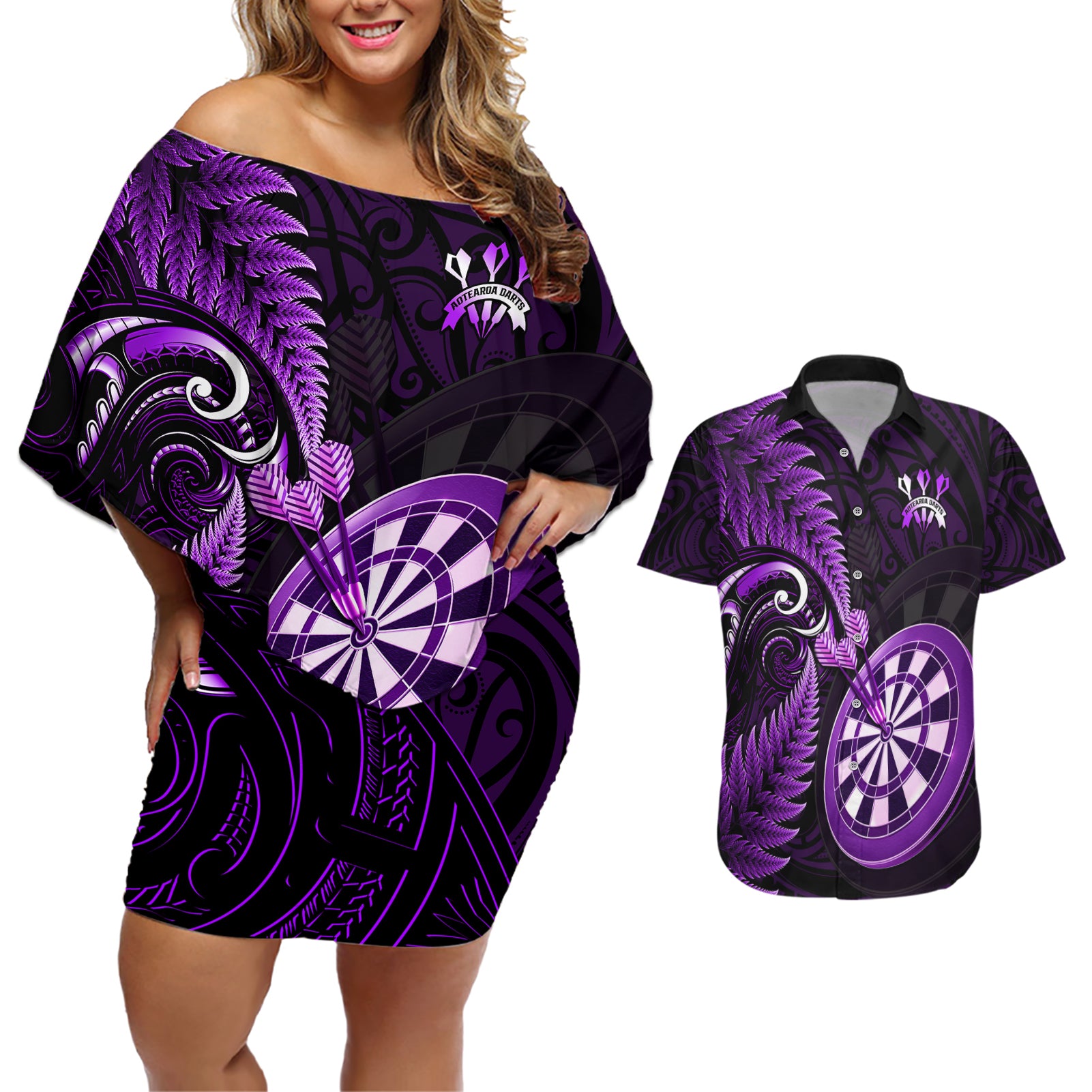 New Zealand Darts Couples Matching Off Shoulder Short Dress and Hawaiian Shirt Happiness Is A Tight Threesome Maori Purple LT14 Purple - Polynesian Pride