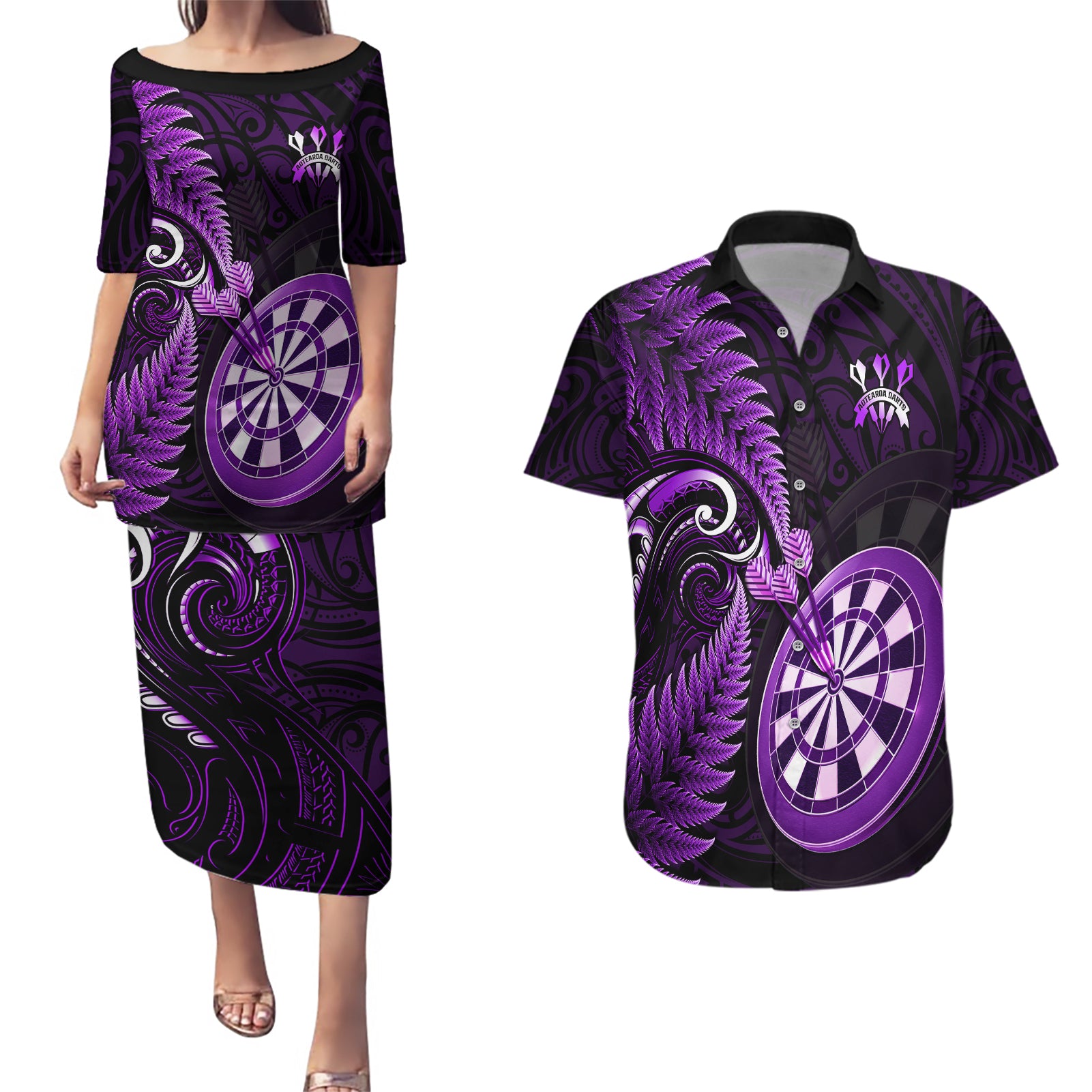 New Zealand Darts Couples Matching Puletasi Dress and Hawaiian Shirt Happiness Is A Tight Threesome Maori Purple LT14 Purple - Polynesian Pride