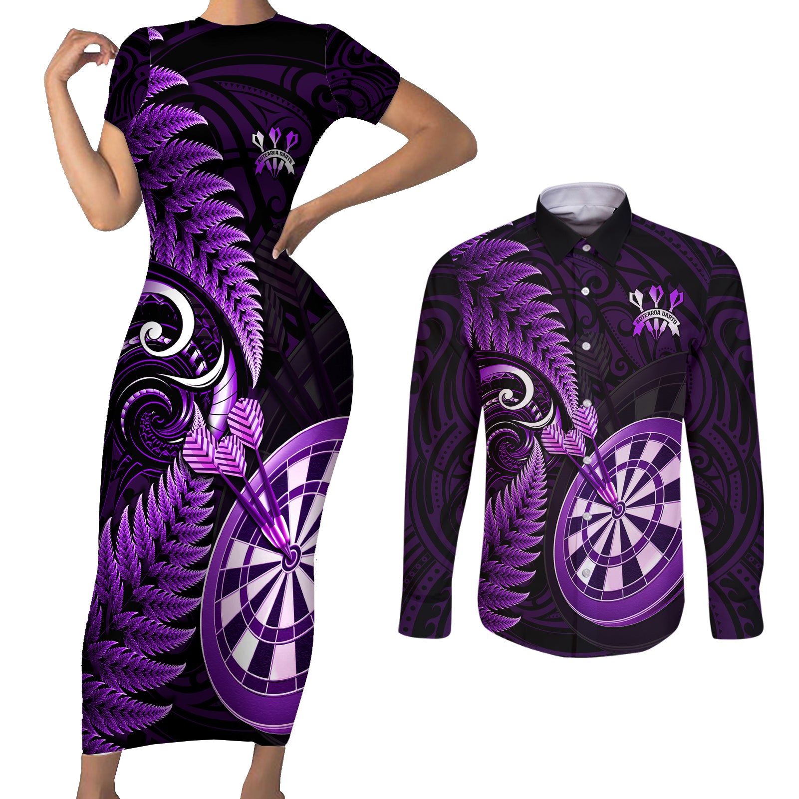 New Zealand Darts Couples Matching Short Sleeve Bodycon Dress and Long Sleeve Button Shirts Happiness Is A Tight Threesome Maori Purple LT14 Purple - Polynesian Pride