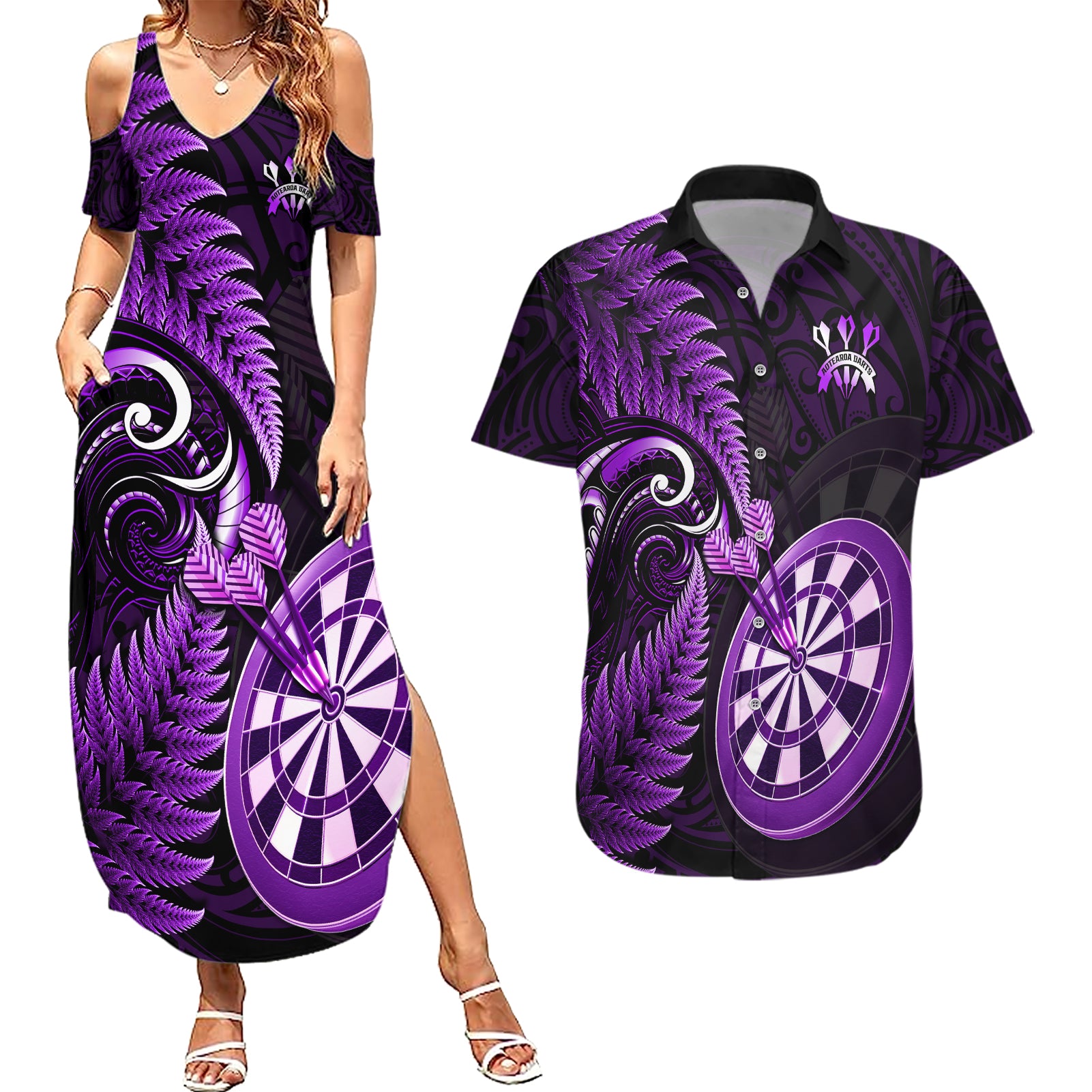 New Zealand Darts Couples Matching Summer Maxi Dress and Hawaiian Shirt Happiness Is A Tight Threesome Maori Purple LT14 Purple - Polynesian Pride