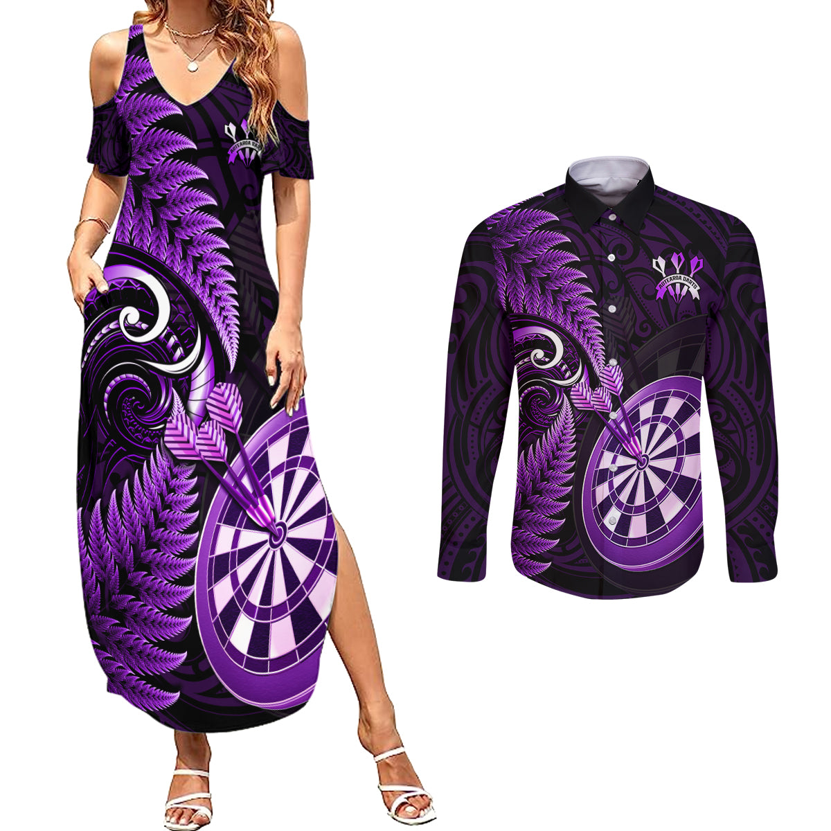 New Zealand Darts Couples Matching Summer Maxi Dress and Long Sleeve Button Shirts Happiness Is A Tight Threesome Maori Purple LT14 Purple - Polynesian Pride