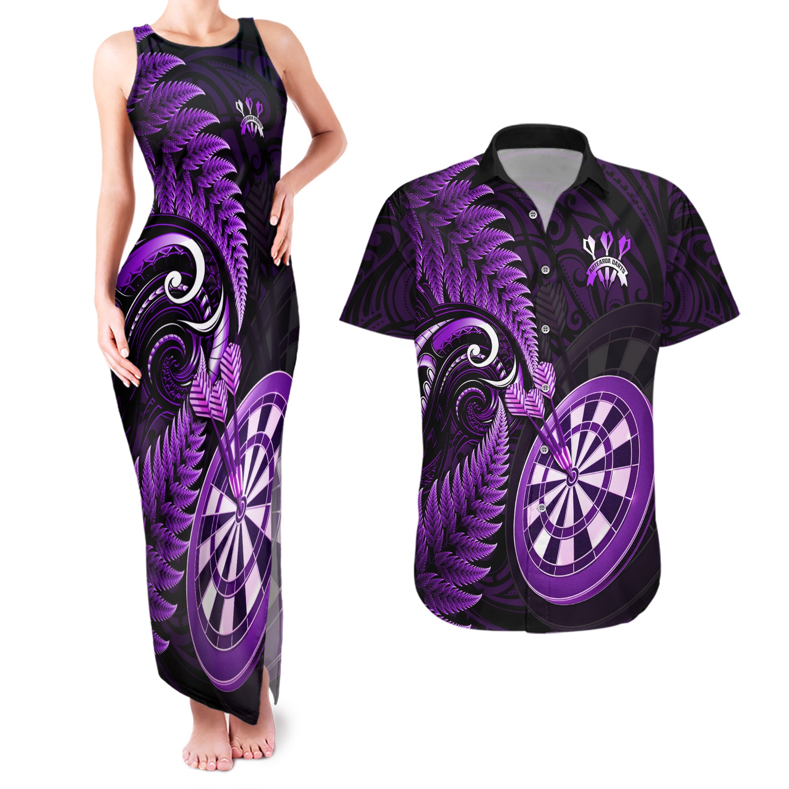 New Zealand Darts Couples Matching Tank Maxi Dress and Hawaiian Shirt Happiness Is A Tight Threesome Maori Purple LT14 Purple - Polynesian Pride