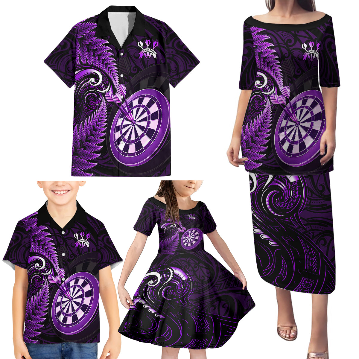 New Zealand Darts Family Matching Puletasi Dress and Hawaiian Shirt Happiness Is A Tight Threesome Maori Purple LT14 - Polynesian Pride