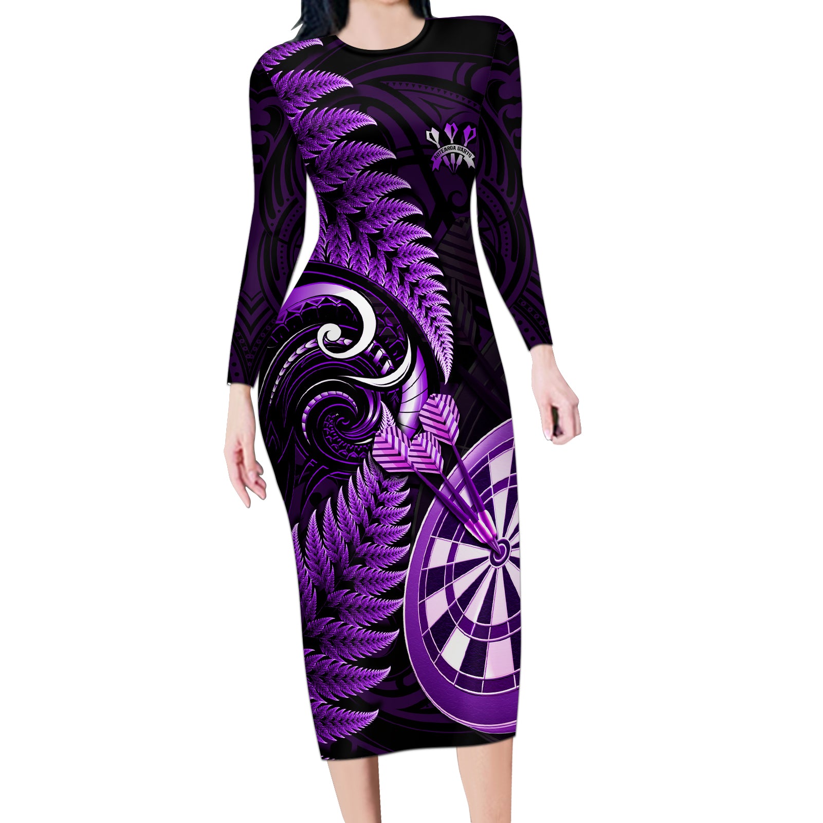 New Zealand Darts Long Sleeve Bodycon Dress Happiness Is A Tight Threesome Maori Purple LT14 Long Dress Purple - Polynesian Pride