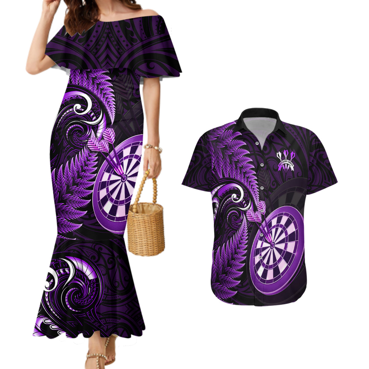 Personalised New Zealand Darts Couples Matching Mermaid Dress and Hawaiian Shirt Happiness Is A Tight Threesome Maori Purple LT14 Purple - Polynesian Pride