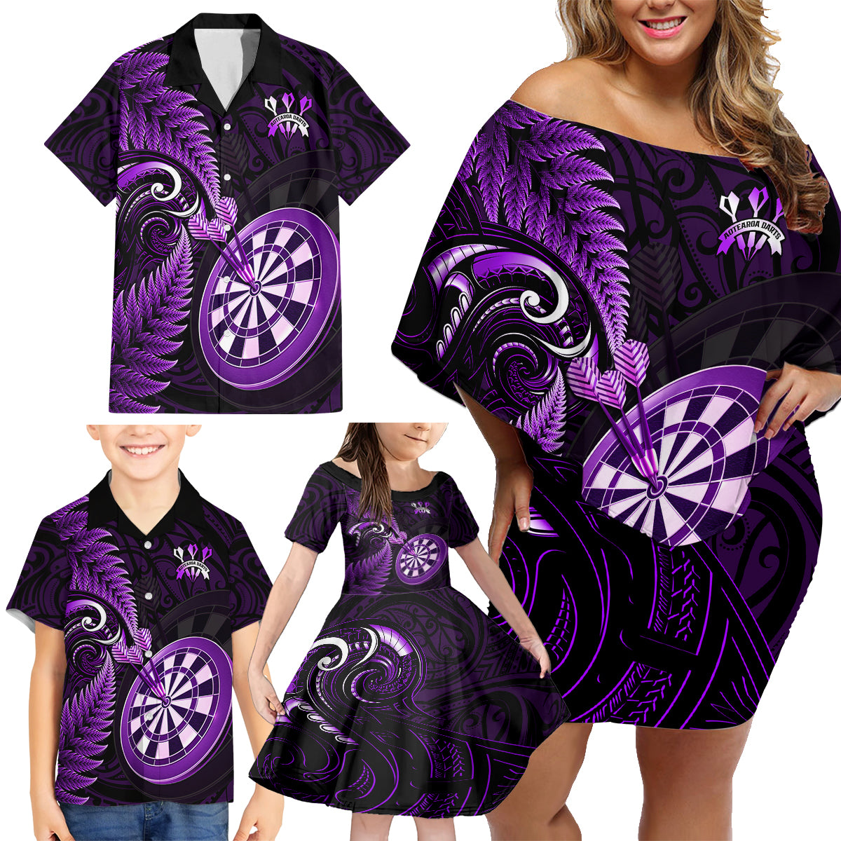 Personalised New Zealand Darts Family Matching Off Shoulder Short Dress and Hawaiian Shirt Happiness Is A Tight Threesome Maori Purple LT14 - Polynesian Pride