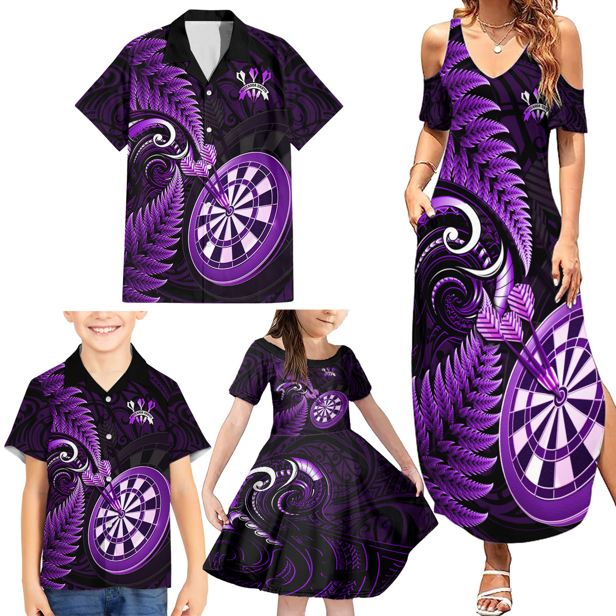 Personalised New Zealand Darts Family Matching Summer Maxi Dress and Hawaiian Shirt Happiness Is A Tight Threesome Maori Purple LT14 - Polynesian Pride