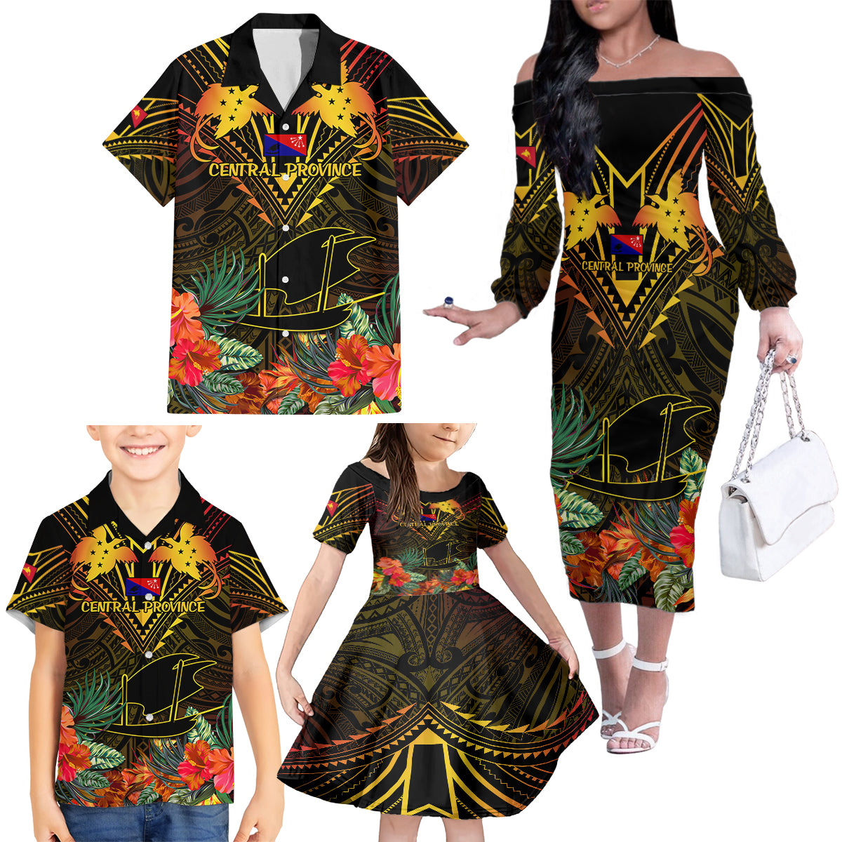 Papua New Guinea Central Province Family Matching Off Shoulder Long Sleeve Dress and Hawaiian Shirt Papua Niugini Coat Of Arms With Flag Style LT14 - Polynesian Pride