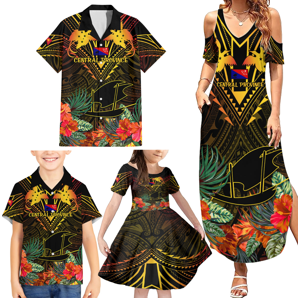 Papua New Guinea Central Province Family Matching Summer Maxi Dress and Hawaiian Shirt Papua Niugini Coat Of Arms With Flag Style LT14 - Polynesian Pride