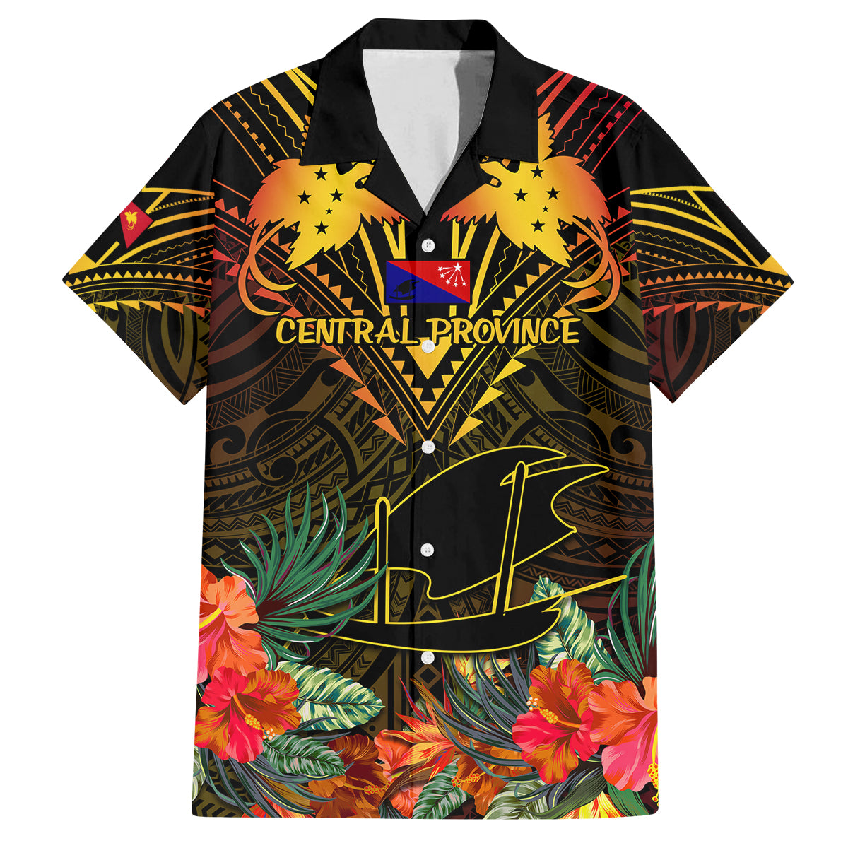 Papua New Guinea Central Province Family Matching Tank Maxi Dress and Hawaiian Shirt Papua Niugini Coat Of Arms With Flag Style LT14 Dad's Shirt - Short Sleeve Black - Polynesian Pride