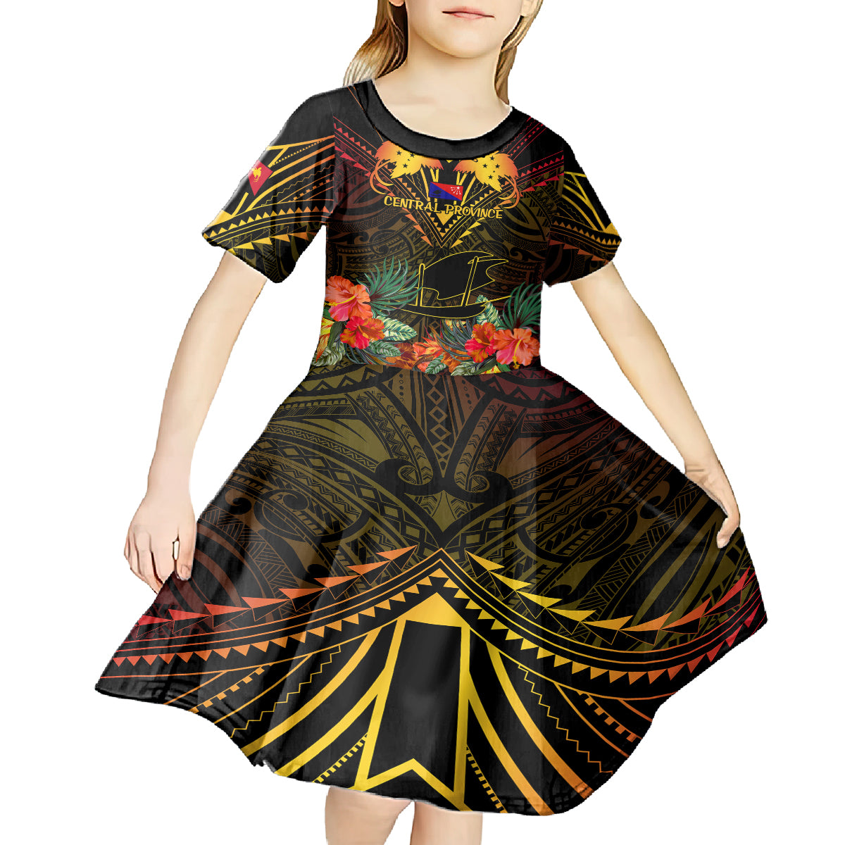 Papua New Guinea Central Province Kid Short Sleeve Dress Papua Niugini Coat Of Arms With Flag Style LT14 - Polynesian Pride