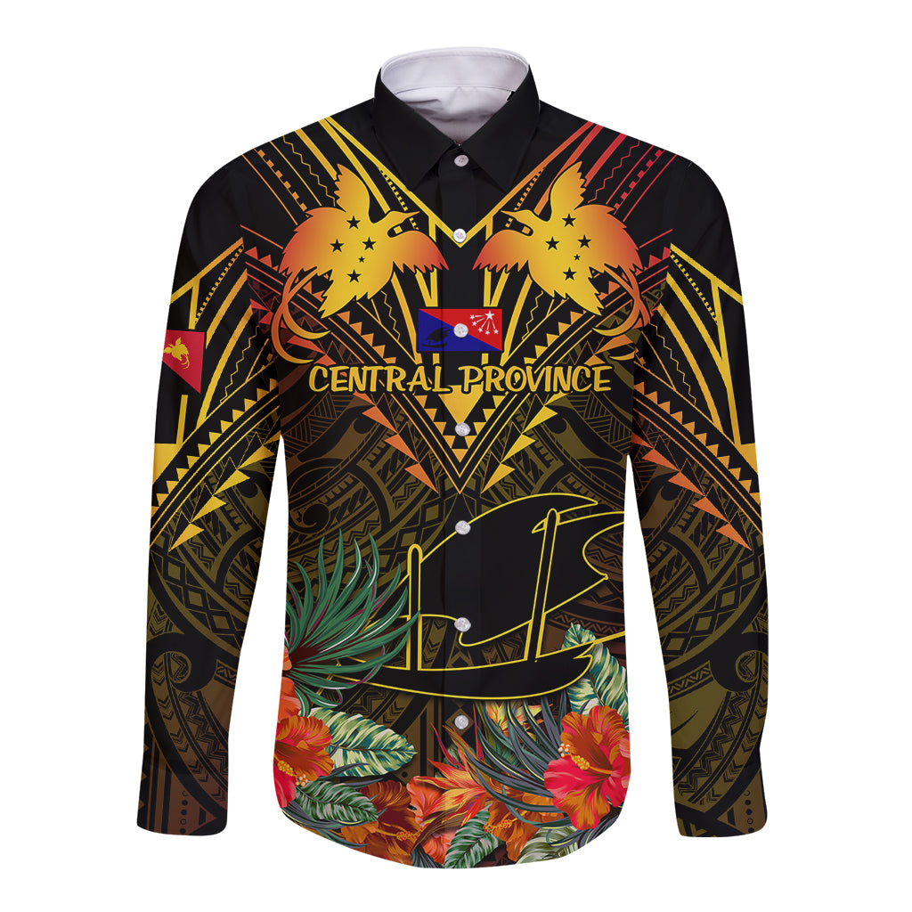 Papua New Guinea Central Province Long Sleeve Button Shirt Papua Niugini Coat Of Arms With Flag Style LT14 Unisex Black - Polynesian Pride