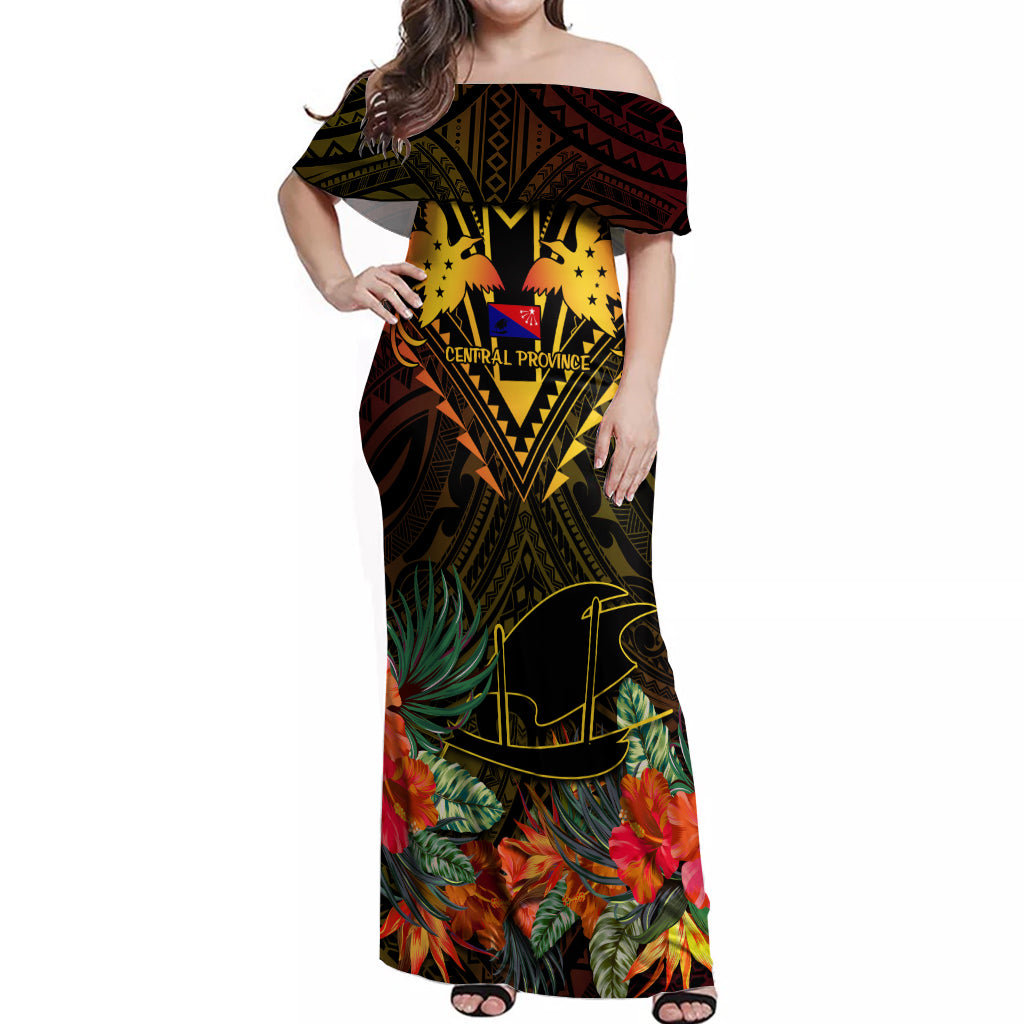 Papua New Guinea Central Province Off Shoulder Maxi Dress Papua Niugini Coat Of Arms With Flag Style LT14 Women Black - Polynesian Pride