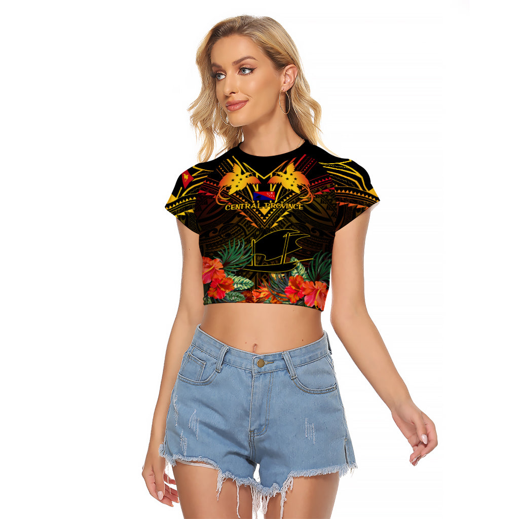 Papua New Guinea Central Province Raglan Cropped T Shirt Papua Niugini Coat Of Arms With Flag Style LT14 Female Black - Polynesian Pride