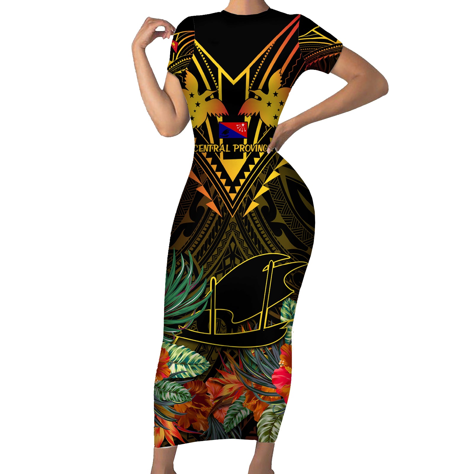 Papua New Guinea Central Province Short Sleeve Bodycon Dress Papua Niugini Coat Of Arms With Flag Style LT14 Long Dress Black - Polynesian Pride