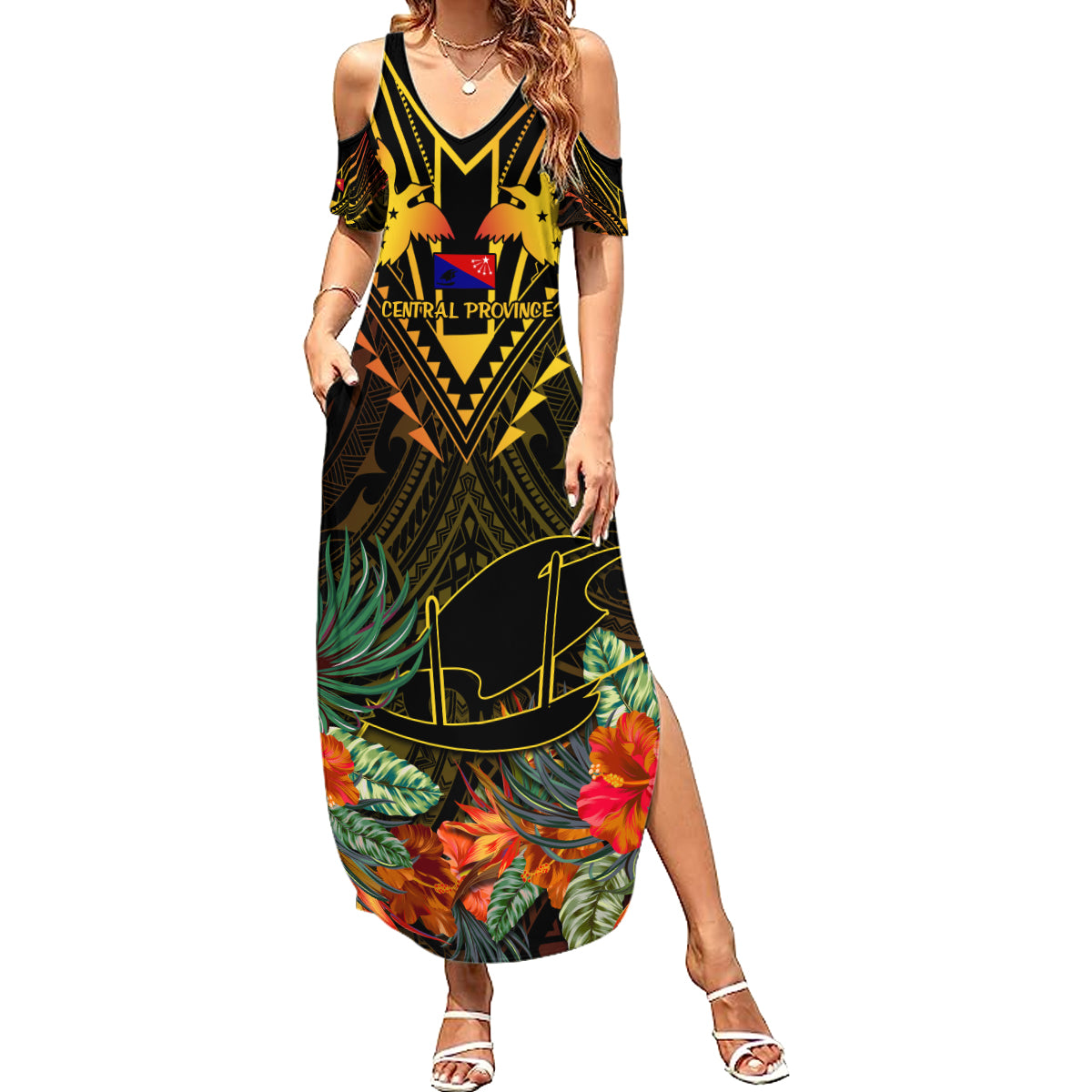 Papua New Guinea Central Province Summer Maxi Dress Papua Niugini Coat Of Arms With Flag Style LT14 Women Black - Polynesian Pride
