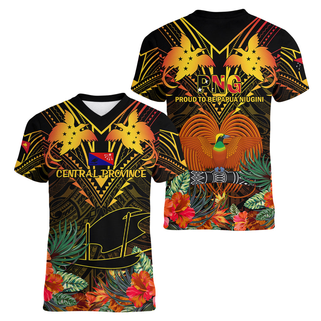 Papua New Guinea Central Province Women V Neck T Shirt Papua Niugini Coat Of Arms With Flag Style LT14 - Polynesian Pride