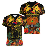 Papua New Guinea Central Province Women V Neck T Shirt Papua Niugini Coat Of Arms With Flag Style LT14 - Polynesian Pride