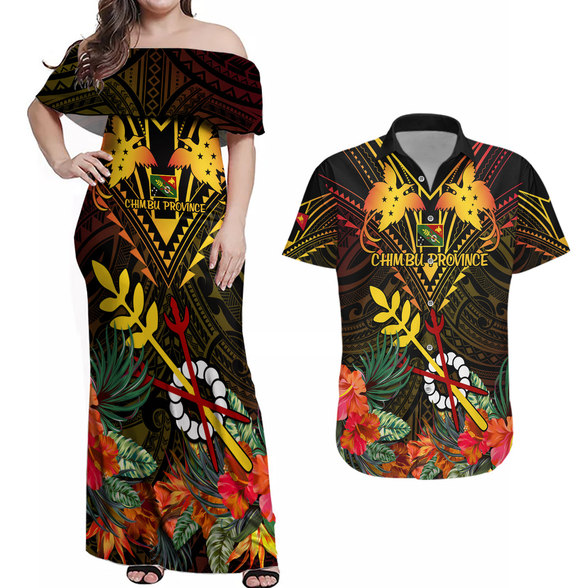 Papua New Guinea Chimbu Province Couples Matching Off Shoulder Maxi Dress and Hawaiian Shirt Papua Niugini Coat Of Arms With Flag Style LT14 Black - Polynesian Pride