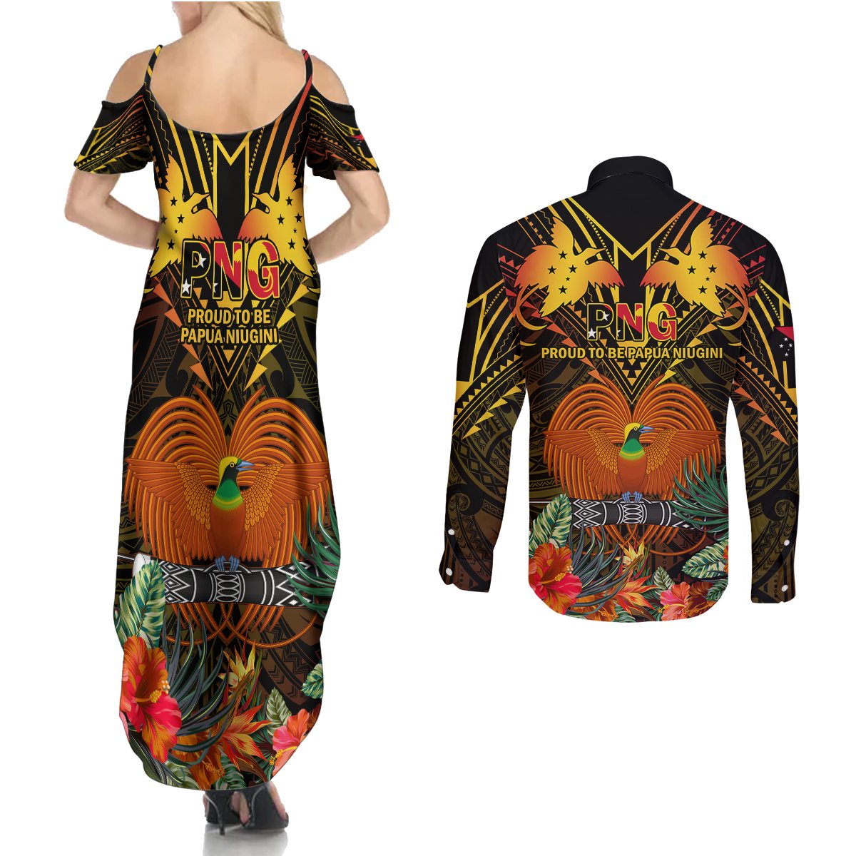 Papua New Guinea Chimbu Province Couples Matching Summer Maxi Dress and Long Sleeve Button Shirts Papua Niugini Coat Of Arms With Flag Style LT14 - Polynesian Pride
