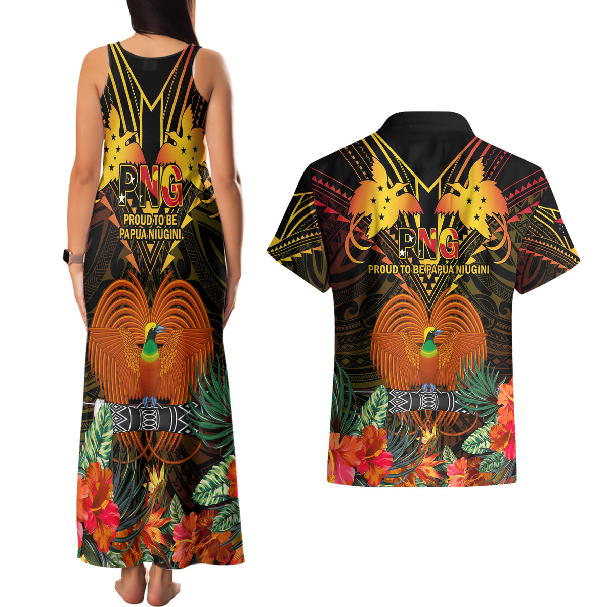 Papua New Guinea Chimbu Province Couples Matching Tank Maxi Dress and Hawaiian Shirt Papua Niugini Coat Of Arms With Flag Style LT14 - Polynesian Pride