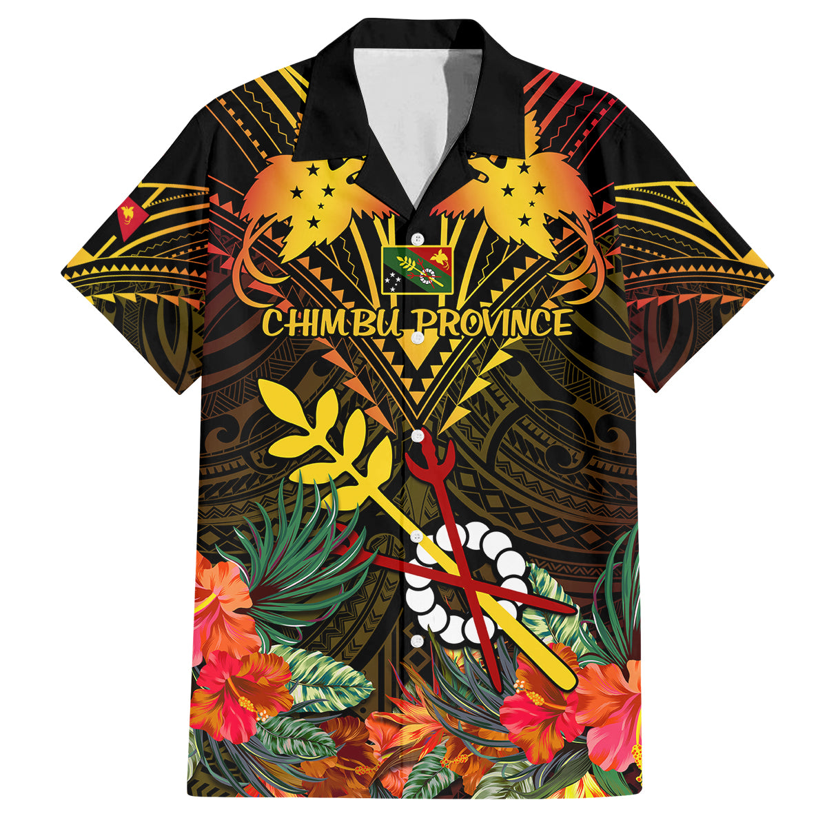 Papua New Guinea Chimbu Province Family Matching Long Sleeve Bodycon Dress and Hawaiian Shirt Papua Niugini Coat Of Arms With Flag Style LT14 Dad's Shirt - Short Sleeve Black - Polynesian Pride
