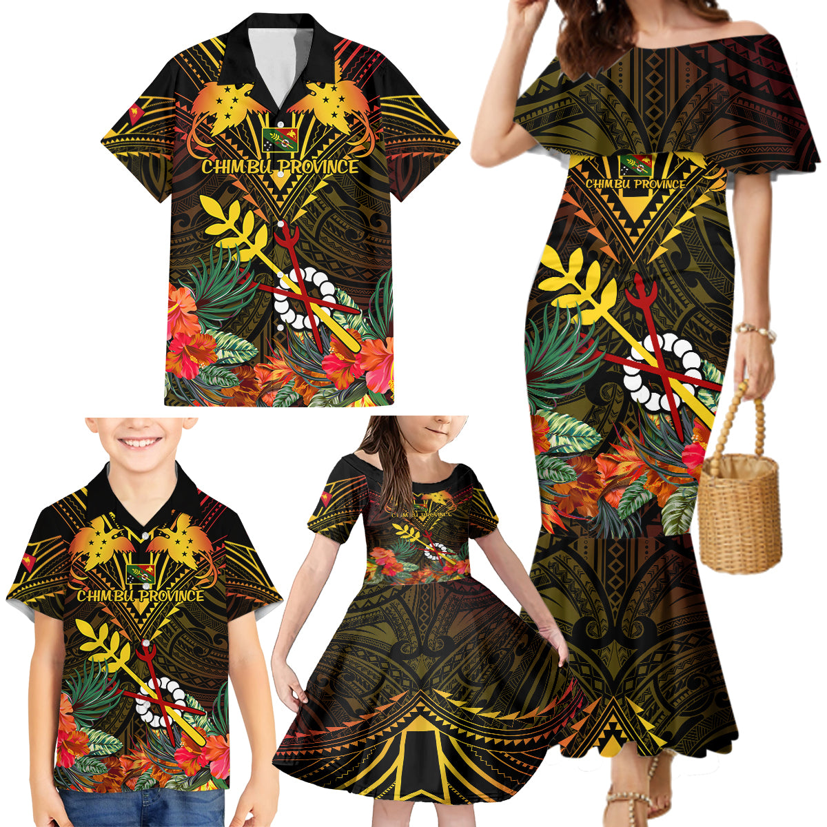 Papua New Guinea Chimbu Province Family Matching Mermaid Dress and Hawaiian Shirt Papua Niugini Coat Of Arms With Flag Style LT14 - Polynesian Pride