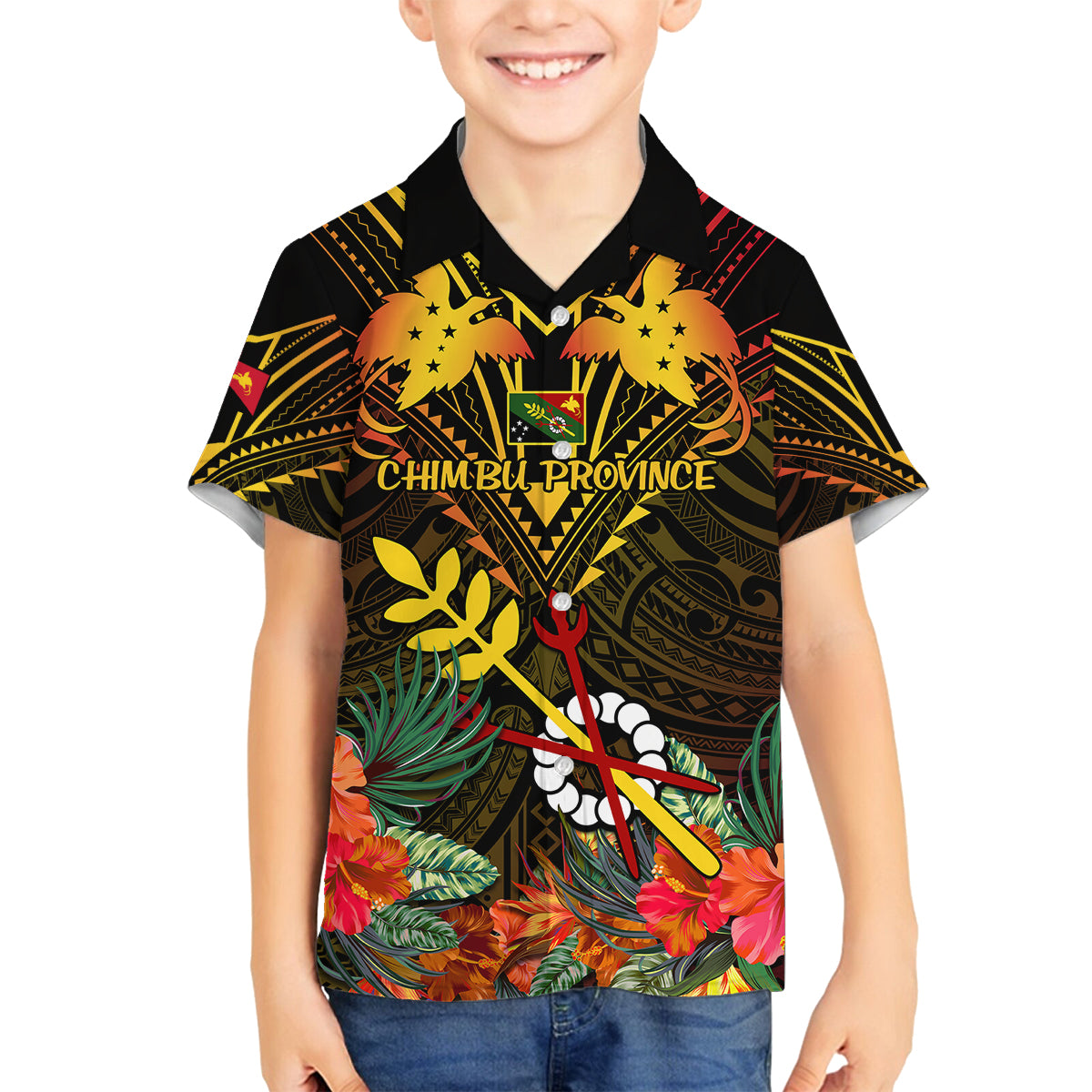 Papua New Guinea Chimbu Province Family Matching Off Shoulder Long Sleeve Dress and Hawaiian Shirt Papua Niugini Coat Of Arms With Flag Style LT14 Son's Shirt Black - Polynesian Pride