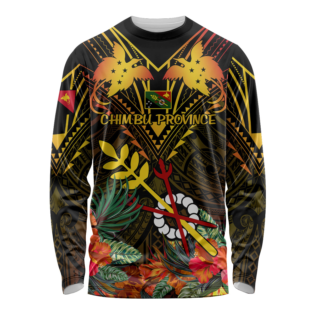 Papua New Guinea Chimbu Province Long Sleeve Shirt Papua Niugini Coat Of Arms With Flag Style LT14 Unisex Black - Polynesian Pride