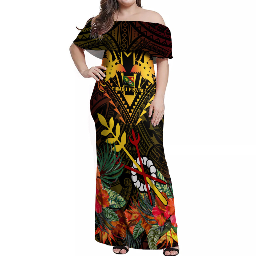 Papua New Guinea Chimbu Province Off Shoulder Maxi Dress Papua Niugini Coat Of Arms With Flag Style LT14 Women Black - Polynesian Pride