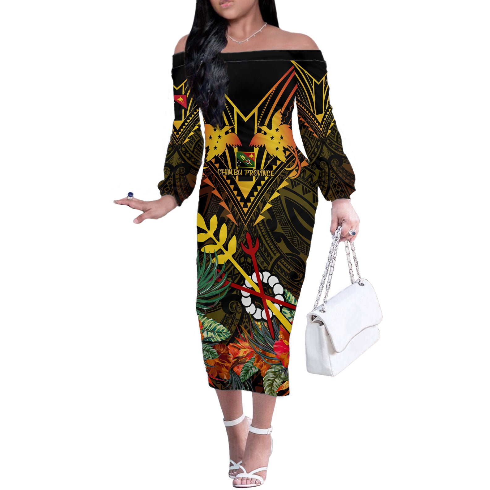 Papua New Guinea Chimbu Province Off The Shoulder Long Sleeve Dress Papua Niugini Coat Of Arms With Flag Style LT14 Women Black - Polynesian Pride