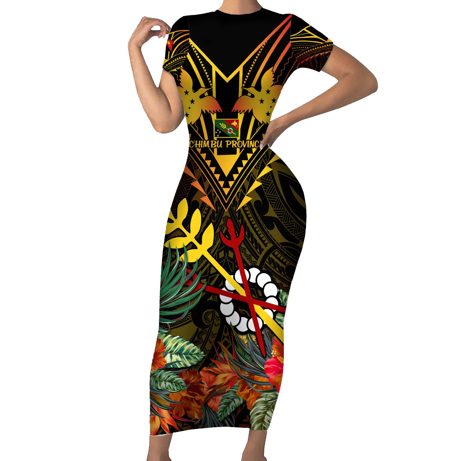 Papua New Guinea Chimbu Province Short Sleeve Bodycon Dress Papua Niugini Coat Of Arms With Flag Style LT14 Long Dress Black - Polynesian Pride