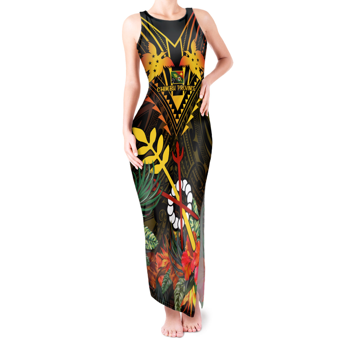 Papua New Guinea Chimbu Province Tank Maxi Dress Papua Niugini Coat Of Arms With Flag Style LT14 Women Black - Polynesian Pride