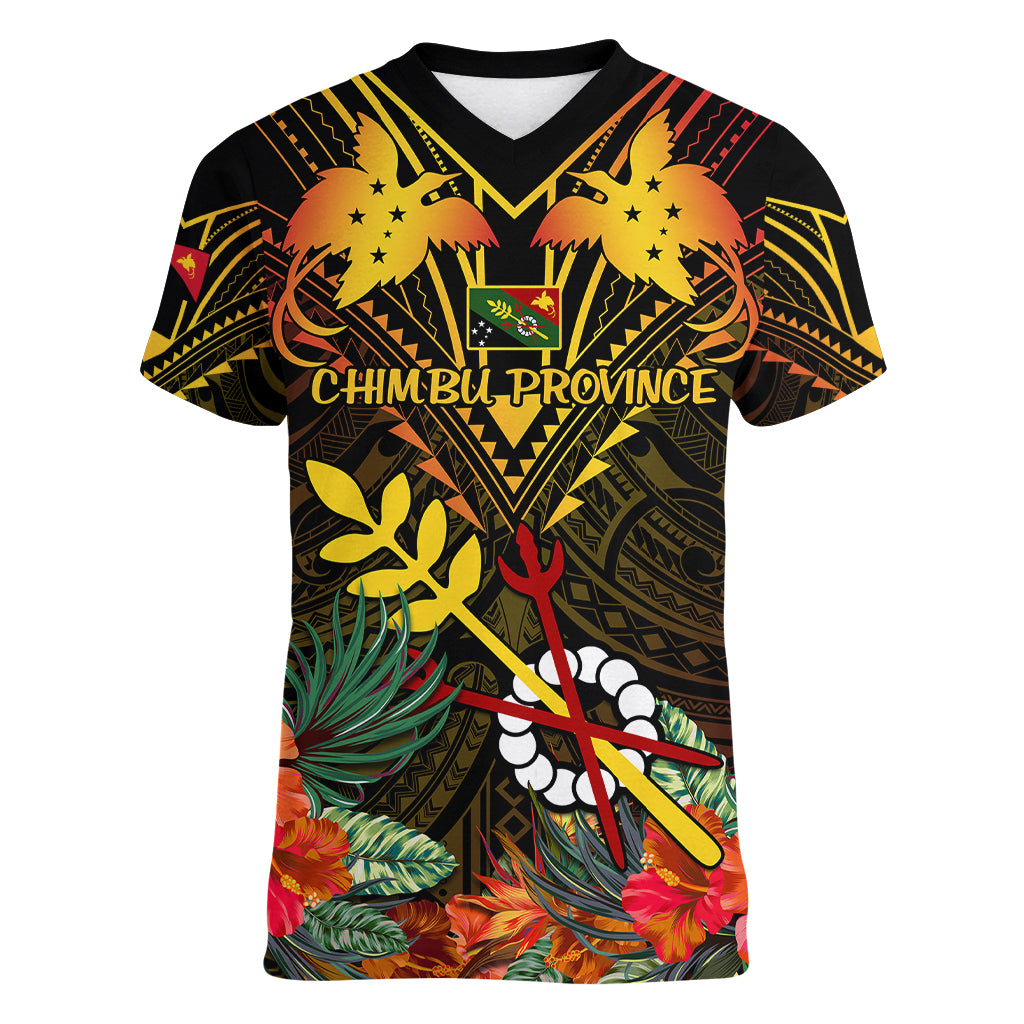 Papua New Guinea Chimbu Province Women V Neck T Shirt Papua Niugini Coat Of Arms With Flag Style LT14 Female Black - Polynesian Pride