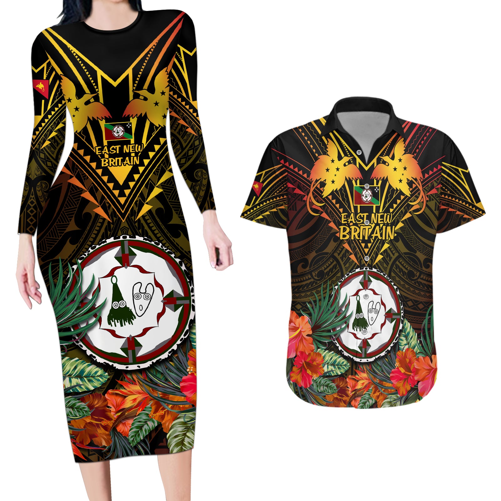 Papua New Guinea East New Britain Province Couples Matching Long Sleeve Bodycon Dress and Hawaiian Shirt Papua Niugini Coat Of Arms With Flag Style LT14 Black - Polynesian Pride