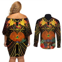 Papua New Guinea East New Britain Province Couples Matching Off Shoulder Short Dress and Long Sleeve Button Shirts Papua Niugini Coat Of Arms With Flag Style LT14 - Polynesian Pride