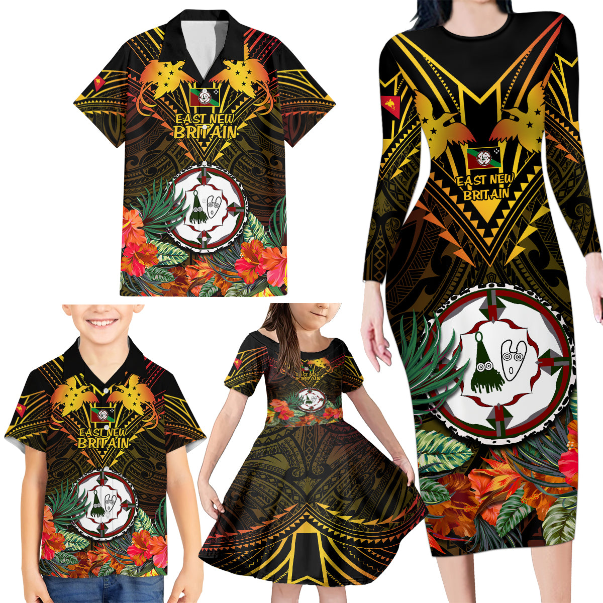 Papua New Guinea East New Britain Province Family Matching Long Sleeve Bodycon Dress and Hawaiian Shirt Papua Niugini Coat Of Arms With Flag Style LT14 - Polynesian Pride