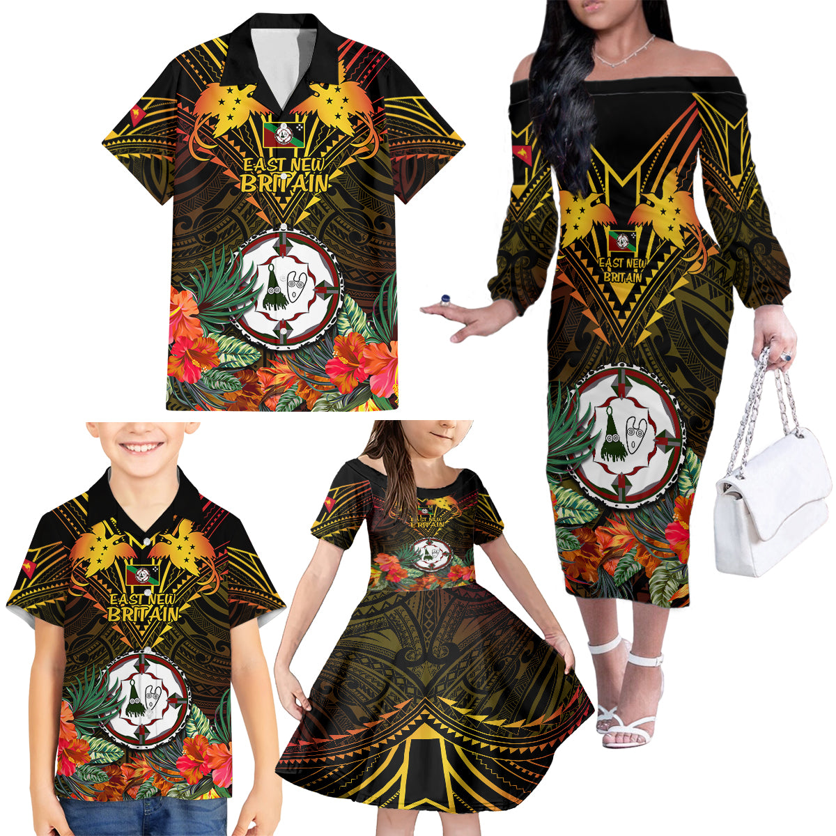 Papua New Guinea East New Britain Province Family Matching Off Shoulder Long Sleeve Dress and Hawaiian Shirt Papua Niugini Coat Of Arms With Flag Style LT14 - Polynesian Pride