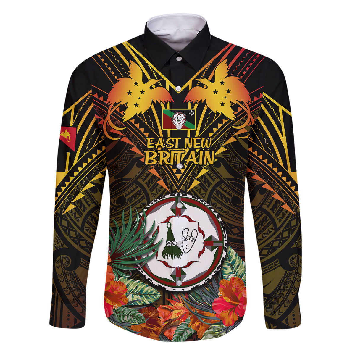 Papua New Guinea East New Britain Province Family Matching Summer Maxi Dress and Hawaiian Shirt Papua Niugini Coat Of Arms With Flag Style LT14 Dad's Shirt - Long Sleeve Black - Polynesian Pride