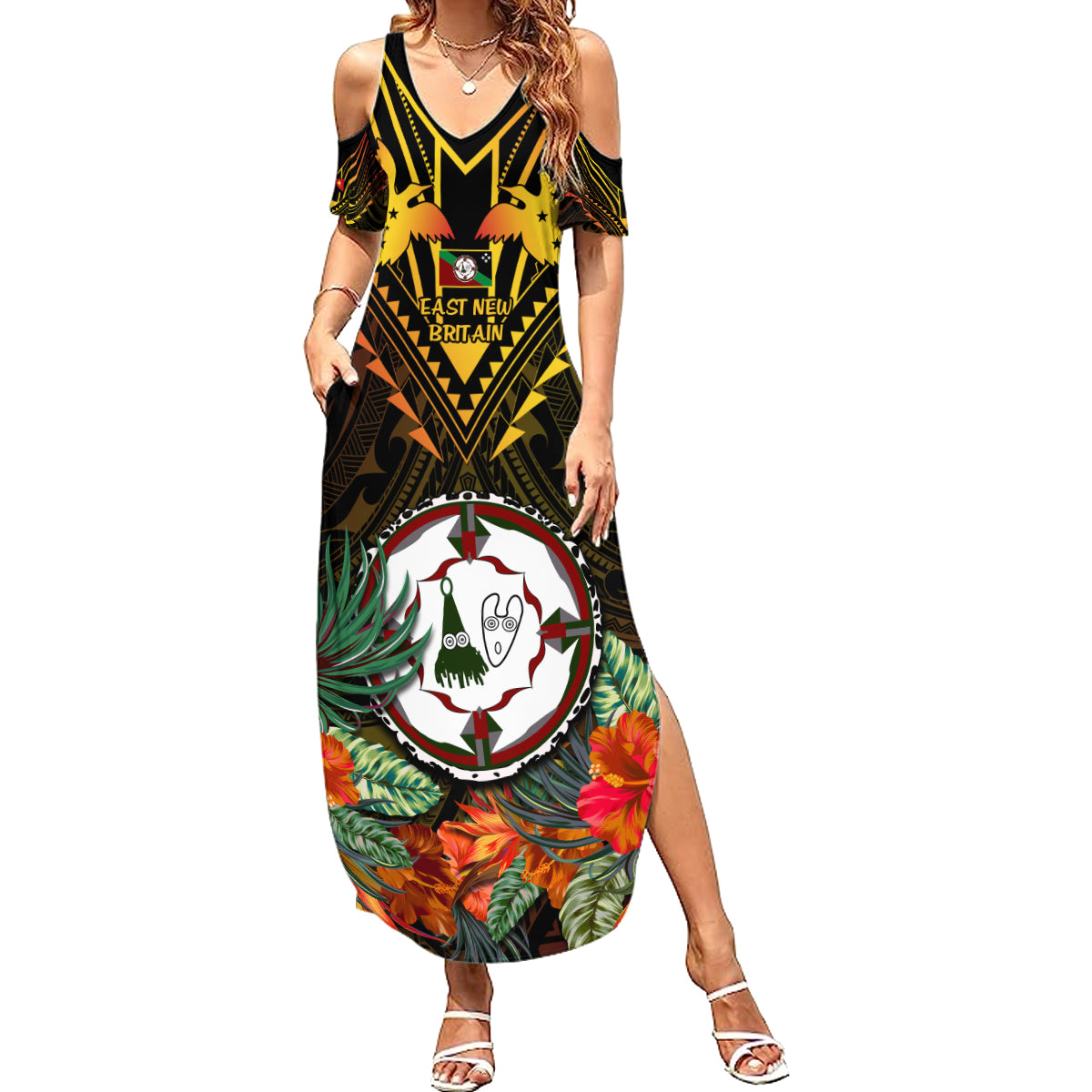 Papua New Guinea East New Britain Province Family Matching Summer Maxi Dress and Hawaiian Shirt Papua Niugini Coat Of Arms With Flag Style LT14 Mom's Dress Black - Polynesian Pride