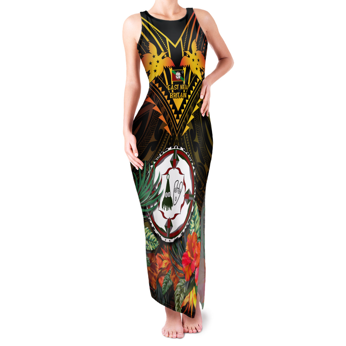 Papua New Guinea East New Britain Province Family Matching Tank Maxi Dress and Hawaiian Shirt Papua Niugini Coat Of Arms With Flag Style LT14 Mom's Dress Black - Polynesian Pride