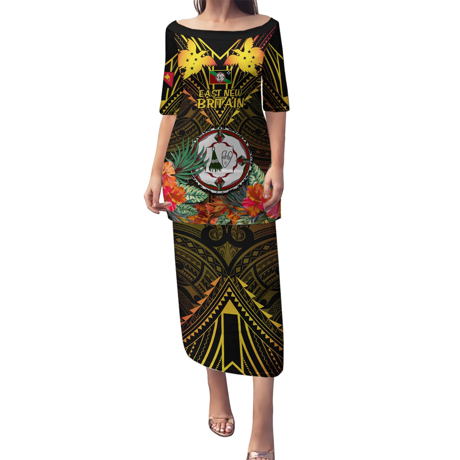 Papua New Guinea East New Britain Province Puletasi Papua Niugini Coat Of Arms With Flag Style LT14 Long Dress Black - Polynesian Pride