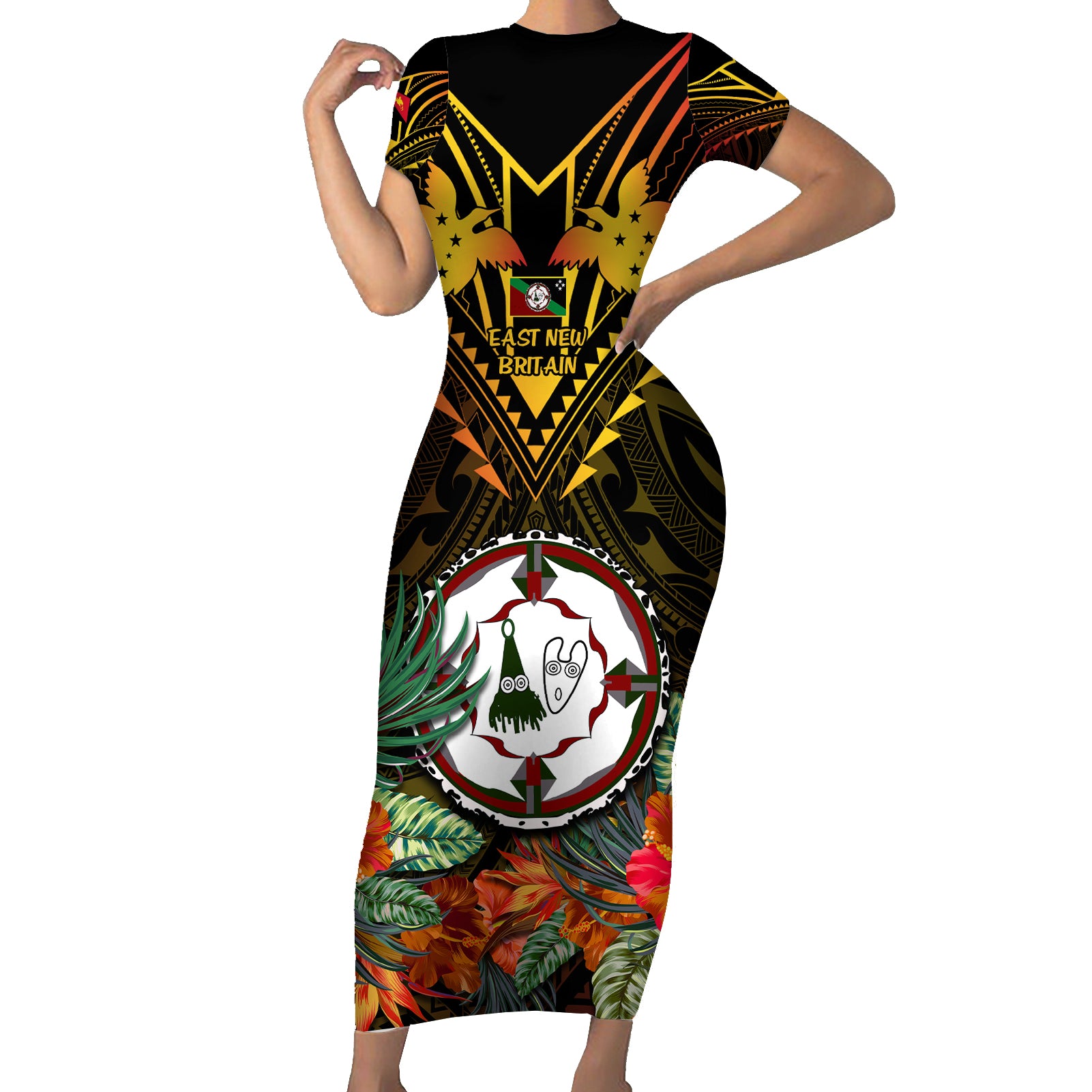 Papua New Guinea East New Britain Province Short Sleeve Bodycon Dress Papua Niugini Coat Of Arms With Flag Style LT14 Long Dress Black - Polynesian Pride