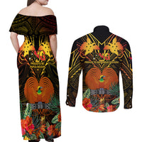 Papua New Guinea Western Province Couples Matching Off Shoulder Maxi Dress and Long Sleeve Button Shirts Papua Niugini Coat Of Arms With Flag Style LT14 - Polynesian Pride