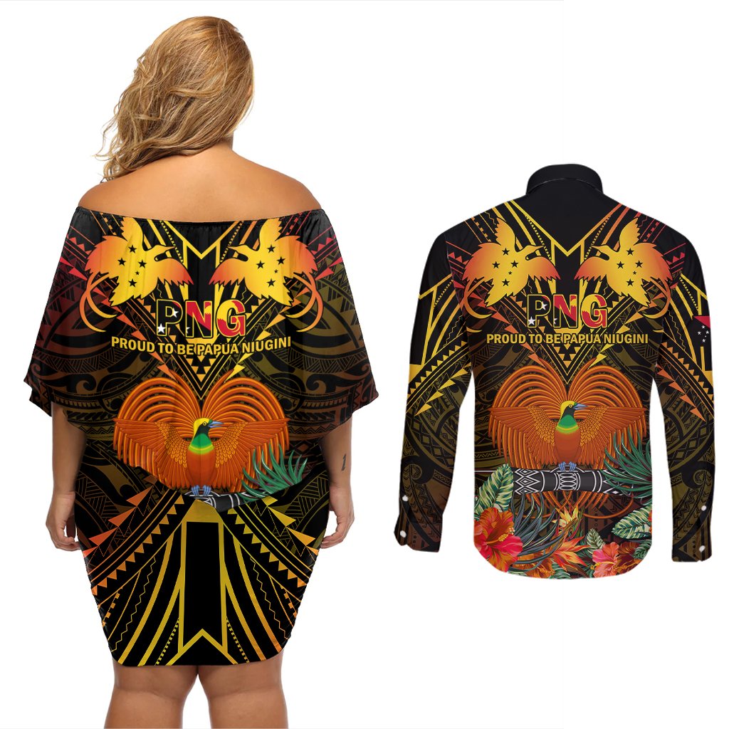 Papua New Guinea Western Province Couples Matching Off Shoulder Short Dress and Long Sleeve Button Shirts Papua Niugini Coat Of Arms With Flag Style LT14 - Polynesian Pride
